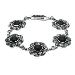 Sterling Silver Whitby Jet & Marcasite Twisted Ribbon Bracelet. B879