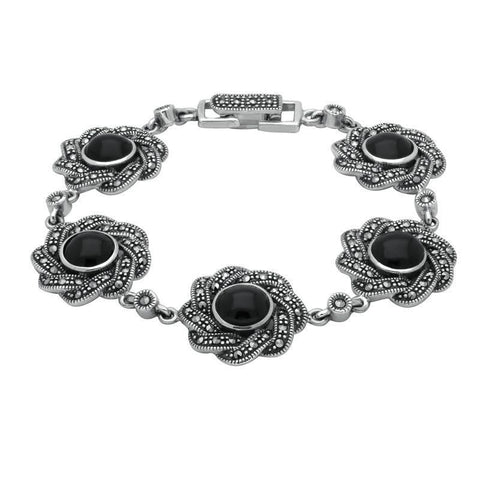 Sterling Silver Whitby Jet & Marcasite Twisted Ribbon Bracelet. B879