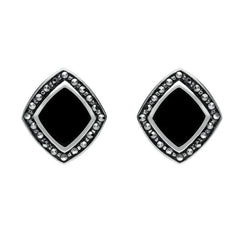 Sterling Silver Whitby Jet Marcasite Wide Rhombus Framed Stud Earrings. E936.