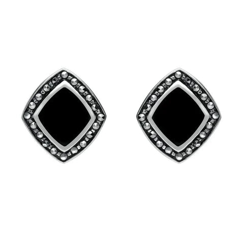 Sterling Silver Whitby Jet Marcasite Wide Rhombus Framed Stud Earrings. E936.