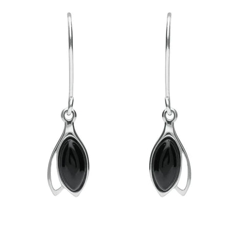 Sterling Silver Whitby Jet Marquise Hook Drop Earrings E1796