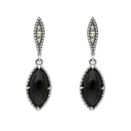 Sterling Silver Whitby Jet Marquise Long Drop Earrings E1702