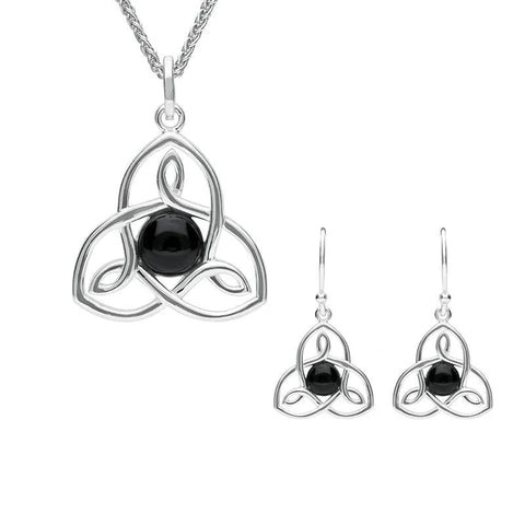Sterling Silver Whitby Jet Open Celtic Cross Two Piece Set. S037