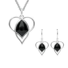 Sterling Silver Whitby Jet Open Twist Heart Two Piece Set. S036