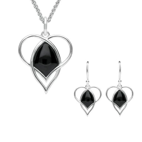 Sterling Silver Whitby Jet Open Twist Heart Two Piece Set. S036