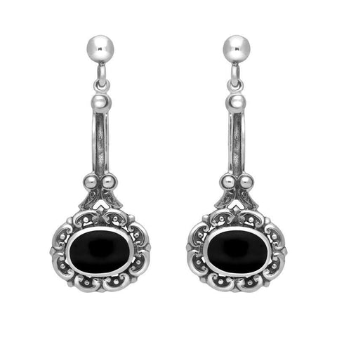 Sterling Silver Whitby Jet Ornate Antique Oval Drop Earrings. E053. 