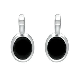 Sterling Silver Whitby Jet Oval Drop Earrings. e2036.