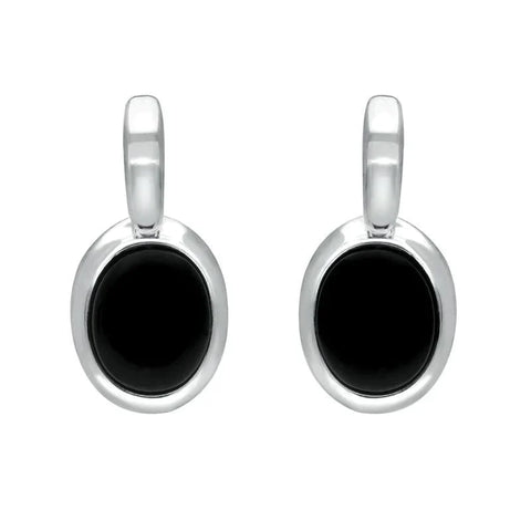 Sterling Silver Whitby Jet Oval Drop Earrings. e2036.