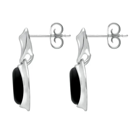 Sterling Silver Whitby Jet Oval Drop Earrings. e2036.