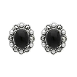 Sterling Silver Whitby Jet Pearl Marcasite Oval Beaded Edge Stud Earrings E1694