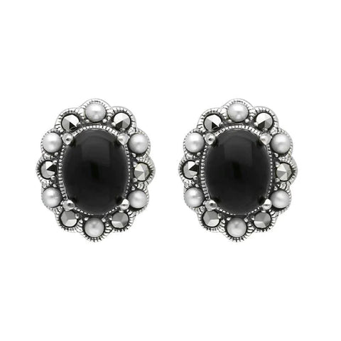 Sterling Silver Whitby Jet Pearl Marcasite Oval Beaded Edge Stud Earrings E1694