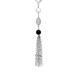 Sterling Silver Whitby Jet Pearl Two Stone Tassel Necklace D