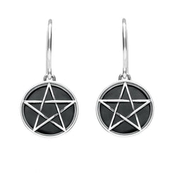 Sterling Silver Whitby Jet Pentagram Drop Earrings, E1413.