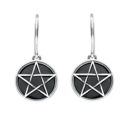 Sterling Silver Whitby Jet Pentagram Drop Earrings, E1413.