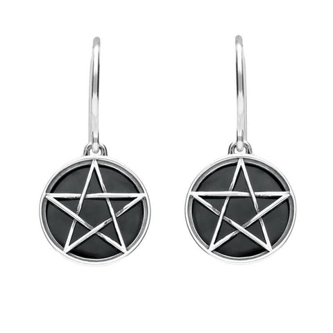 Sterling Silver Whitby Jet Pentagram Drop Earrings, E1413.