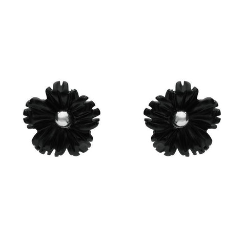 Sterling Silver Whitby Jet Tiny Petal Stud Earrings. E1329.