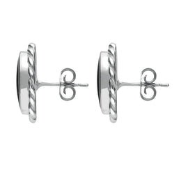 Sterling Silver Whitby Jet Rope Edge Oval Stud Earrings. E289.