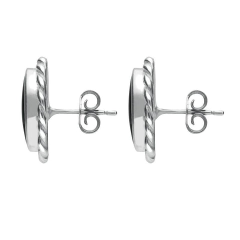 Sterling Silver Whitby Jet Rope Edge Oval Stud Earrings. E289.