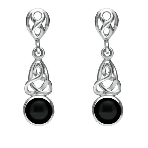 Sterling Silver Whitby Jet Round Celtic Dropper Earrings E975