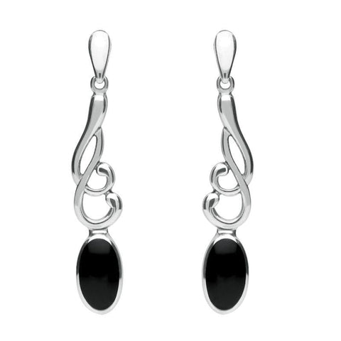 Sterling Silver Whitby Jet Scroll Drop Earrings E089