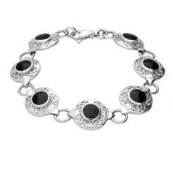 Sterling Silver Whitby Jet Seven Stone Round Celtic Bracelet B200