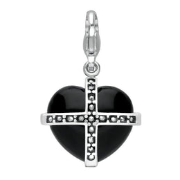 Sterling Silver Whitby Jet Seventeen Marcasite Medium Cross Heart Charm G784