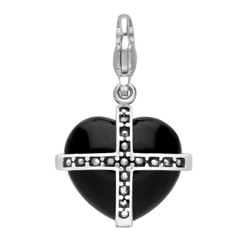 Sterling Silver Whitby Jet Seventeen Marcasite Medium Cross Heart Charm G784