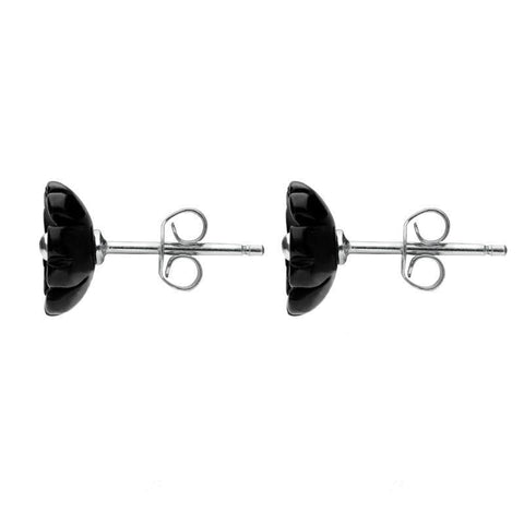 Sterling Silver Whitby Jet Small 5 Petal Carved Stud Earrings. E1327.