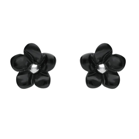 Sterling Silver Whitby Jet Small Flower Stud Earrings. E1324.