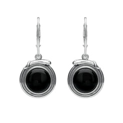 Sterling Silver Whitby Jet Small Round Snake Edge Hook Drop Earrings E2205