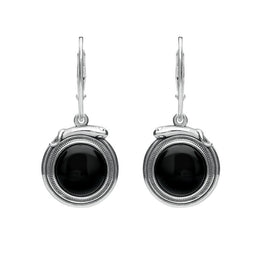 Sterling Silver Whitby Jet Small Round Snake Edge Hook Drop Earrings E2205