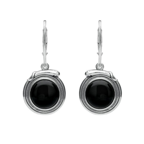 Sterling Silver Whitby Jet Small Round Snake Edge Hook Drop Earrings E2205