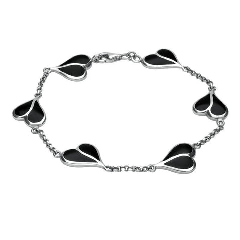 Sterling Silver Whitby Jet Split Heart Bracelet. B360.