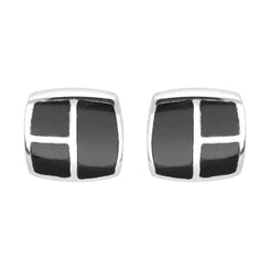 Sterling Silver Whitby Jet Three Stone Square Stud Earrings, E1949.