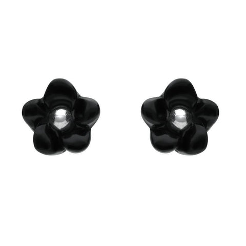 Sterling Silver Whitby Jet Tiny Petal Stud Earrings. E1325.