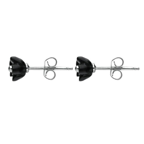 Sterling Silver Whitby Jet Tiny Petal Stud Earrings. E1325.