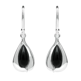Sterling Silver Whitby Jet Wide Edge Pear Hook Earrings E2312