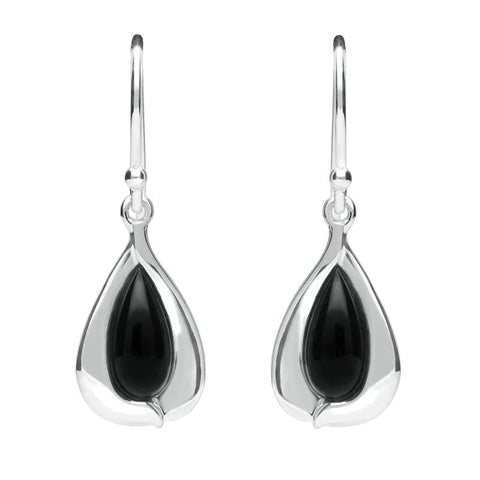 Sterling Silver Whitby Jet Wide Edge Pear Hook Earrings E2312