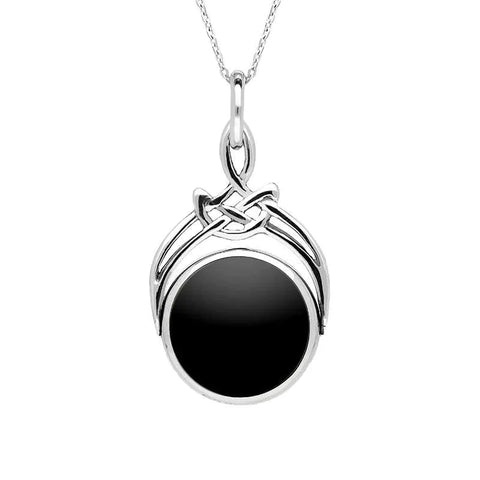Sterling Silver Whitby Jet and Blue John Cradle Round Swivel Fob Necklace. P258_12.