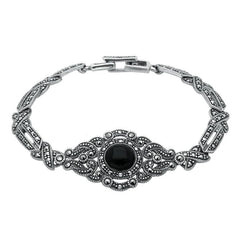 Sterling Silver Whitby Jet and Marcasite Fancy Tapered Bracelet. B880