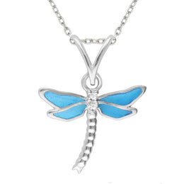 Sterling Silver White Sapphire Blue Enamel House Style Dragonfly Necklace P2957
