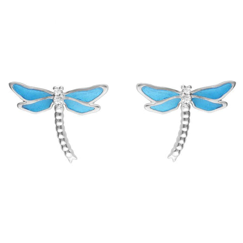 Sterling Silver White Sapphire Blue Enamel House Style Dragonfly Stud Earrings E2226