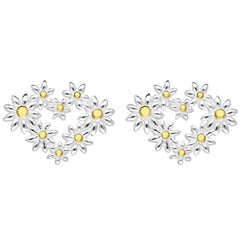 Sterling Silver Yellow Gold Vermeil Daisy Heart Shaped Stud Earrings, E2476.