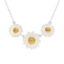 Sterling Silver and Yellow Gold White Mother Of Pearl Tuberose Triple Daisy Necklace, N985.