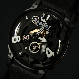 Close-up of a black watch with visible mechanical components on a dark background