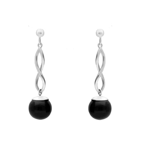 00073995 C W Sellors Silver Whitby Jet 8mm Bead Twist Drop Earrings, E1481.