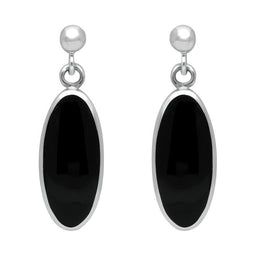 00073985 C W Sellors Sterling Silver Whitby Jet Light Long Oval Drop Earrings, E146.