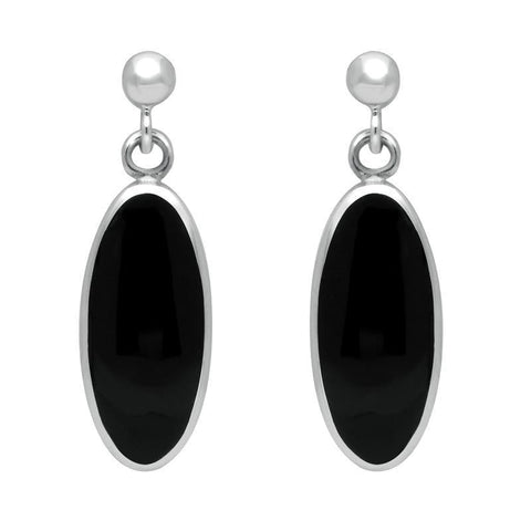 00073985 C W Sellors Sterling Silver Whitby Jet Light Long Oval Drop Earrings, E146.