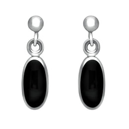 00074203 C W Sellors Sterling Silver Whitby Jet Small Long Oval Drop Earrings, E287.