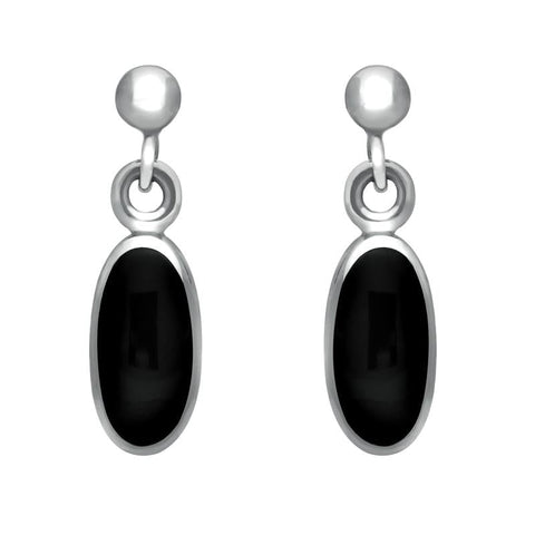 00074203 C W Sellors Sterling Silver Whitby Jet Small Long Oval Drop Earrings, E287.